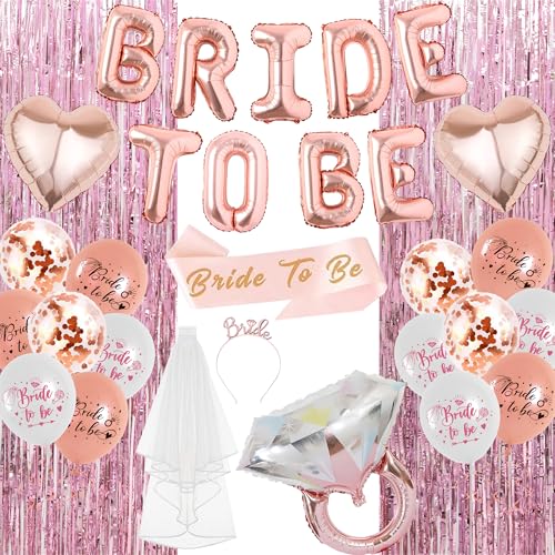 Bride to Be Deko JGA Decoration - 31 Stück Hochzeit Dekorations Frauen Junggesellenabschied Ballons Rosegold Vorhang Banner Girlande Verlobung Herz Diamant Ballon für Bridal Shower Bachelorette Party von batnite