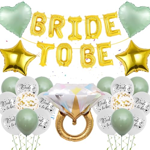 Junggesellinnenabschied Deko Salbeigrün - Bride to Be Banner, Diamantring, Grünes Herz, Gold Stern Folienballon für Brautparty, Junggesellinnenabschied Dekorationen von batnite