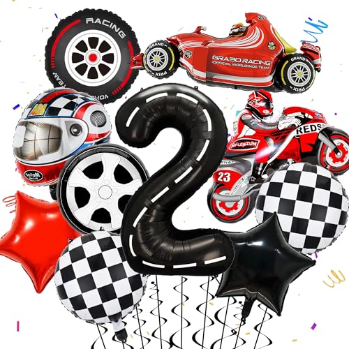 Luftballons zum 2. Geburtstag von Rennwagen, 10 Stück, Renn-Geburtstagsparty-Dekoration, Zahl 2, Luftballons, schwarz, rot, Reifen-Pentagramm, Motorradfahrer, Rennhelm, Folienballons für von batnite