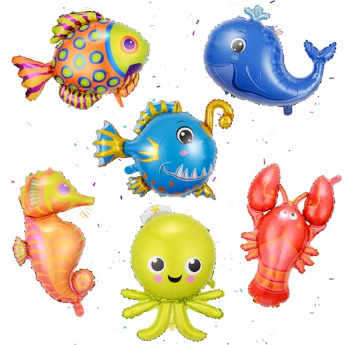 Meerestiere Folienballon Unterwasserwelt Luftballons Deko-XXL Wal, Seepferdchen, Hummer, Tropischer Fisch, Oktopus und Laternenfisch Folienballon für Kinder Geburtstag Ozean Party Meerestiere Deko von batnite