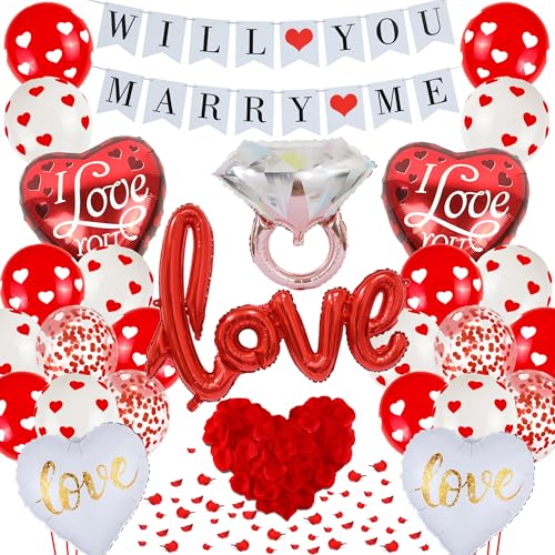 Will You Marry Me Luftballon, 44 Stück Heiratsantrag Deko Will You Marry Me Banner Rote Herzballons Diamant Ring Love Folienballon Rosenblätter für Antrag Hochzeit Valentinstag Geständnis Verlobung von batnite