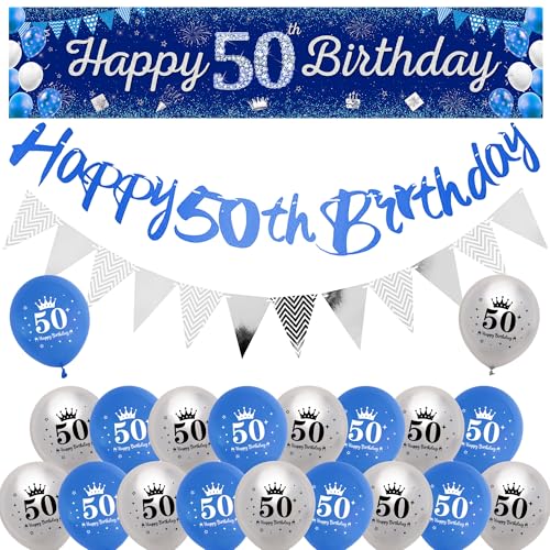 50 Geburtstag Deko Frau Mann - Blau Silber Geburtstagsdeko Ballons Happy 50 Birthday Banner Luftballon, Wimpel Girlande Latex Ballon für 50 Jahre Männer Frauen Party Deko von batnite