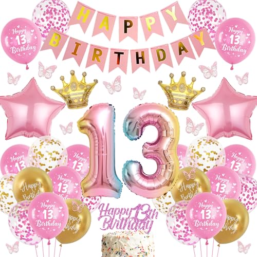 batnite Luftballon 13. Geburtstag Mädchen Rosa - Happy Birthday Banner und Riesen Bunt Folienballon Zahl 13, 3D Schmetterlinge und Tortendeko Geburtstagsdeko Ballon für 13 Jahre Geburtstag Deko von batnite