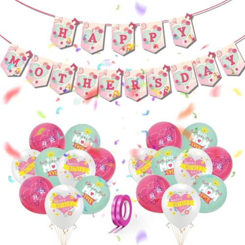 Muttertagsdekorationen, 18 Stück Muttertagsballons, "Happy Mothers Day Banner", "Best Mum Ever", rosa-weiß-grün, Latex-Luftballons, Muttertags-Wimpelkette von Tochter, Sohn für Mutter, Oma, Muttertagsdekorationen, 18 Stück Muttertagsballons, "Happy Mothers Day Banner", "Best Mum Ever", rosa-weiß-grün, Latex-Luftballons, Muttertags-Wimpelkette von Tochter, Sohn für Mutter, Oma, von baymety