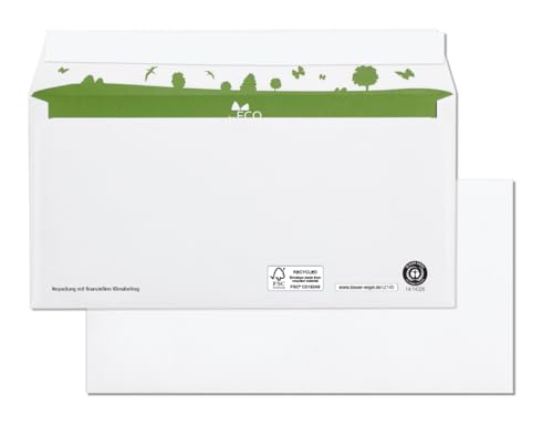 beECO Briefumschläge DIN lang (500 Stück), ohne Fenster haftklebend, Briefumschlag aus 100% Recycling Papier, für DIN A4 Papier, weiß, 110 x 220 mm, 80g/m² von be ECO