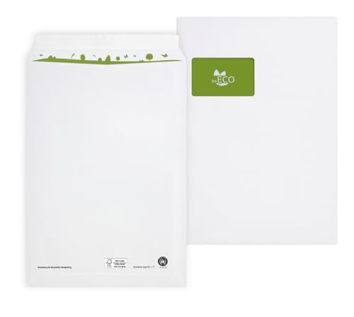 beECO Versandtaschen C4 (250 Stück), haftklebende Versandtasche mit Fenster, Versandtaschen aus 100 % Recycling Papier, geeignet für DIN A4 Papier, weiß, 324 x 229 mm, 100g/m² von be ECO