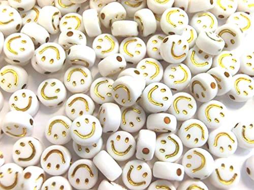 1000 Smiley Perlen Happy lachendes Gesicht Mix 7mm Perlenset zum auffädeln Bastelset (Weiß Gold #24) von beadsvision