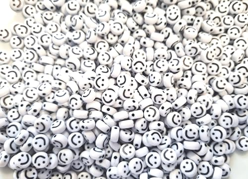 1000 Smiley Perlen Happy lachendes Gesicht Mix 7mm Perlenset zum auffädeln Bastelset (Weiß Schwarz # 45) von beadsvision