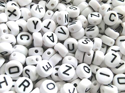 200 Buchstaben A-Z Alphabet rund 7mm Perlen Buchstabenperlen Mix Spacer weiß Perlenset zum auffädeln (200 Perlen weiß schwarz #7) von beadsvision