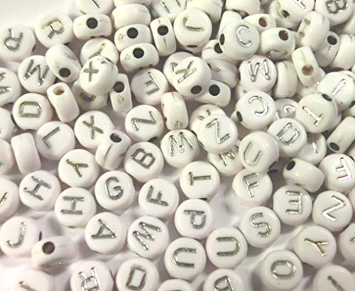 200 Buchstaben A-Z Mix Alphabet weiß silber rund 7mm Acryl Spacer Buchstabenperlen von beadsvision