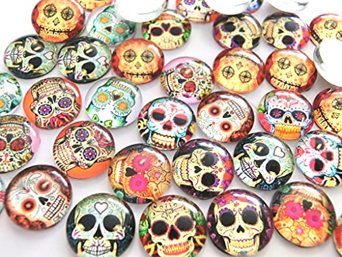 beadsvision 50 Glas Cabochons 12mm Motiv Skull Totenkopf 12x4mm Glascabochons rund flach (Totenkopf #110) von beadsvision