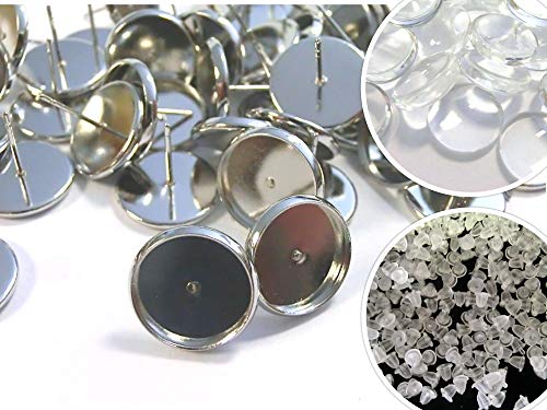 50 Ohrstecker mit 50 klaren Cabochons 12mm Ohrringe Farbwahl Fassungen Rohlinge Bastelset(antiksilber #S572) von beadsvision