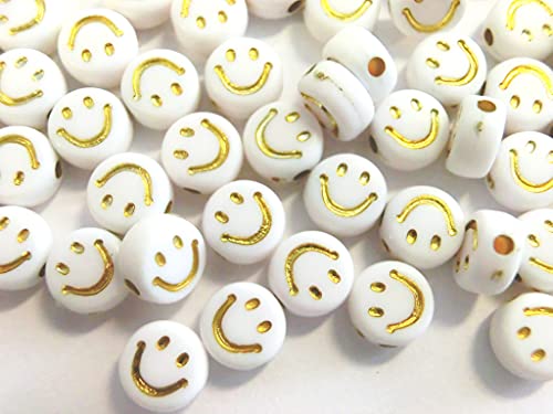 Smiley Happy Perlen lachendes Gesicht Mix 7mm Perlenset zum auffädeln (200 Happy Perlen weiß gold #24) von beadsvision