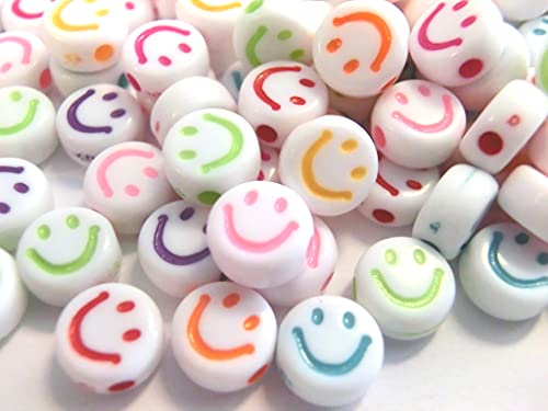 Beadsvision 200 Happy Perlen rund 7mm, Weiß mit buntem Lächeln, Acryl, Rund, Perlen, 200 Stück, Weiß und Bunt von beadsvision