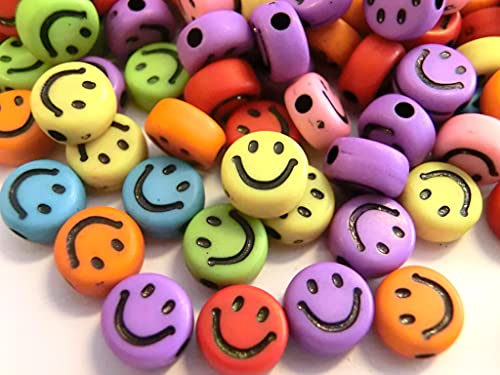 Smiley Perlen Happy lachendes Gesicht Mix 7mm Perlenset zum auffädeln (200 Happy Perlen bunt schwarz #17) von beadsvision