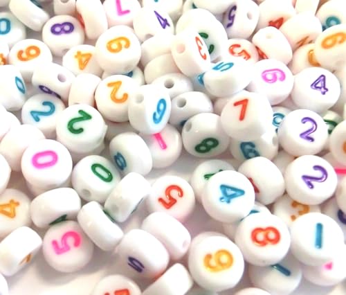 Zahlenperlen 1000 Perlen Zahlen Mix 0-9 rund 7mm Perlen Buchstabenperlen zum auffädeln (Zahlenperlen Weiß Bunt #25) von beadsvision