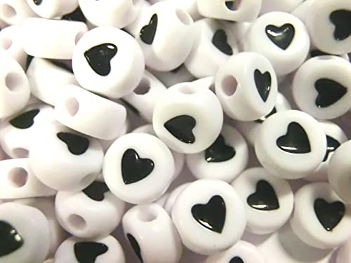 beadsvision 250 Herzperlen weiß mit schwarzem Herz rund 7mm Acryl Spacer Bastelperlen Perlen (250 Herzperlen weiß schwarz #14) von beadsvision