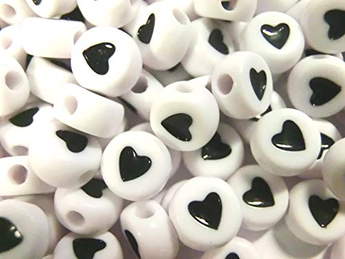 250 Herz Perlen weiß mit schwarzem Herz rund 7mm Acryl Spacer Bastelperlen Zwischenperlen (250 Herzperlen weiß schwarz #14) von beadsvision
