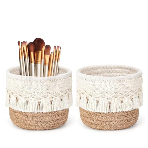 2 Stück Pinselhalter, Aufbewahrungskorb Geflochten Klein, Boho Schminkpinsel Behälter, Mini Make Up Behälter, Schminktisch Deko, für Organizer Stiften, Bleistiften, Schminkpinseln(Khaki) von bechoanigel