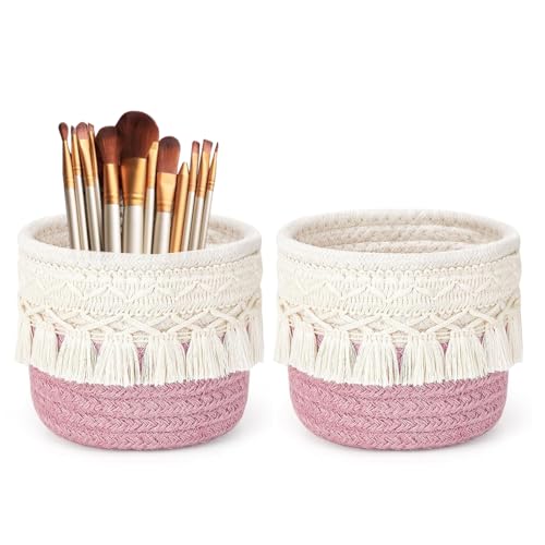 2 Stück Pinselhalter, Aufbewahrungskorb Geflochten Klein, Boho Schminkpinsel Behälter, Mini Make Up Behälter, Schminktisch Deko, für Organizer Stiften, Bleistiften, Schminkpinseln(Rosa) von bechoanigel
