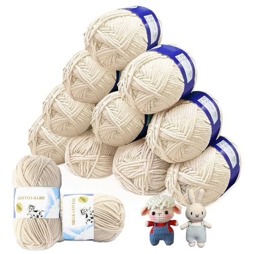 Baumwolle zum Häkeln 12 x 50 g/Knäuel, Superweiches Garn zum Stricken und Häkeln, Baumwolle für Gehäkelte Decken Gestrickte Haustiernester Decken Dekokissen Armstricken Wolle (Cremefarben) von bechoanigel