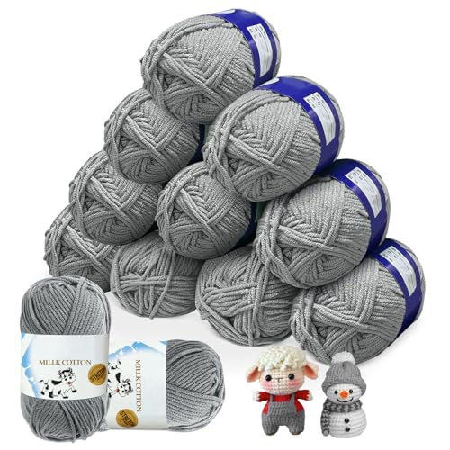 Baumwolle zum Häkeln 12 x 50 g/Knäuel, Superweiches Garn zum Stricken und Häkeln, Baumwolle für Gehäkelte Decken Gestrickte Haustiernester Decken Dekokissen Armstricken Wolle (Grau) von bechoanigel
