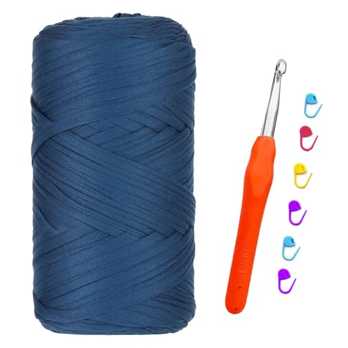 T-shirt Garn, 400G/120M Tshirt Garn zum Häkeln, Textilgarn mit 9,0 mm Häkelnadel, Dickes Darn für Taschen Häkeln, Körbe, Teppiche, Kunsthandwerk (Cowboyblau) von bechoanigel