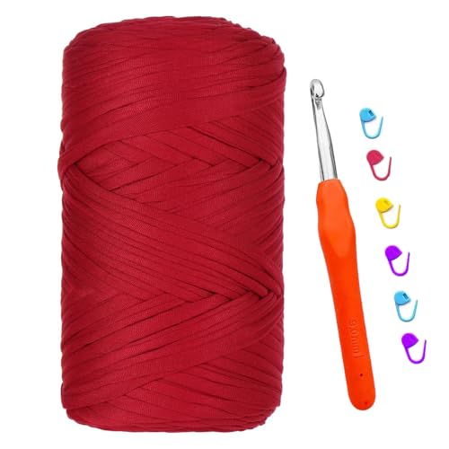 T-shirt Garn, 400G/120M Tshirt Garn zum Häkeln, Textilgarn mit 9,0 mm Häkelnadel, Dickes Darn für Taschen Häkeln, Körbe, Teppiche, Kunsthandwerk (Dattelrot) von bechoanigel