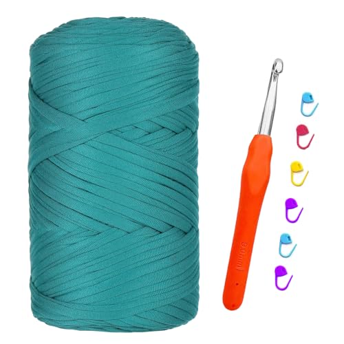 T-shirt Garn, 400G/120M Tshirt Garn zum Häkeln, Textilgarn mit 9,0 mm Häkelnadel, Dickes Darn für Taschen Häkeln, Körbe, Teppiche, Kunsthandwerk (Loch grün) von bechoanigel
