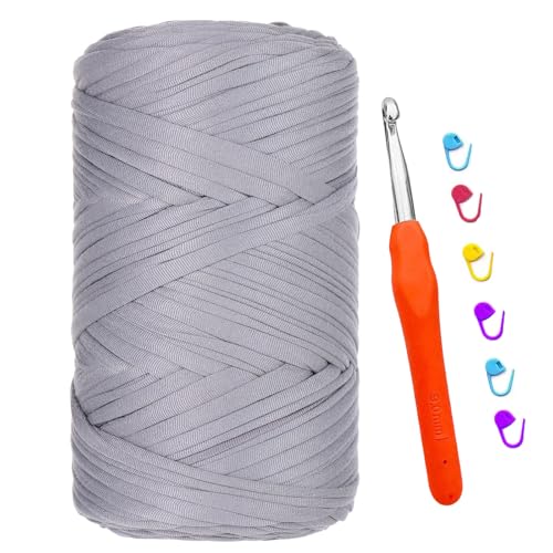 T-shirt Garn, 400G/120M Tshirt Garn zum Häkeln, Textilgarn mit 9,0 mm Häkelnadel, Dickes Darn für Taschen Häkeln, Körbe, Teppiche, Kunsthandwerk (Mittelgrau) von bechoanigel
