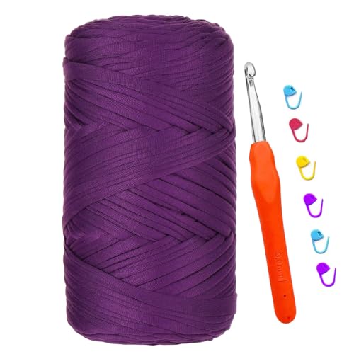 T-shirt Garn, 400G/120M Tshirt Garn zum Häkeln, Textilgarn mit 9,0 mm Häkelnadel, Dickes Darn für Taschen Häkeln, Körbe, Teppiche, Kunsthandwerk (Violett) von bechoanigel
