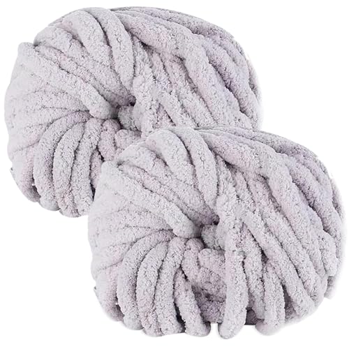 bechoanigel 2 Stück Dicke Wolle Garn 500g, Armstricken Wolle Dickes Garn, XXL Weiches Chunky Wolle, Super Weich Chenille Wolle zum Häkeln für Decken, Schals, Mützen, Haustier Nest (Hellgrau) von bechoanigel