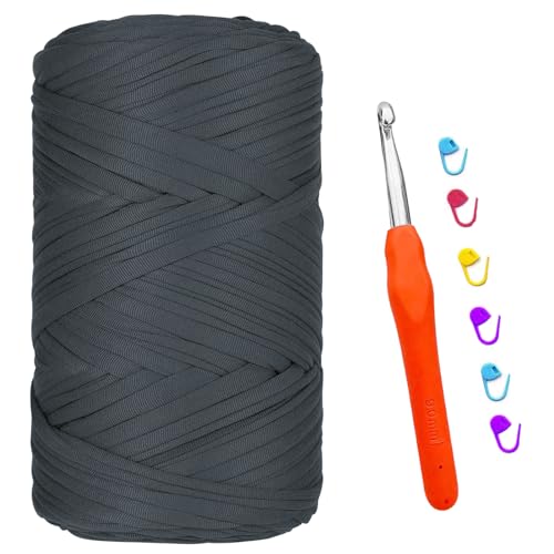 bechoanigel T-shirt Garn, 400G/120M Tshirt Garn zum Häkeln, Textilgarn mit 9,0 mm Häkelnadel, Dickes Darn für Taschen Häkeln, Körbe, Teppiche, Kunsthandwerk (Dunkelgrau) von bechoanigel