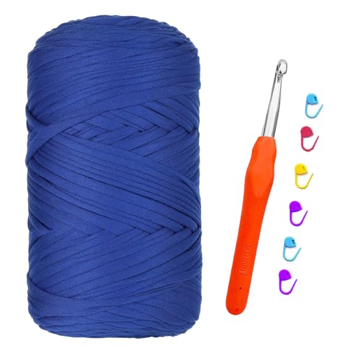 T-shirt Garn, 400G/120M Tshirt Garn zum Häkeln, Textilgarn mit 9,0 mm Häkelnadel, Dickes Darn für Taschen Häkeln, Körbe, Teppiche, Kunsthandwerk (Edelstein Blau) von bechoanigel