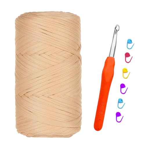 T-shirt Garn, 400G/120M Tshirt Garn zum Häkeln, Textilgarn mit 9,0 mm Häkelnadel, Dickes Darn für Taschen Häkeln, Körbe, Teppiche, Kunsthandwerk (Khaki) von bechoanigel