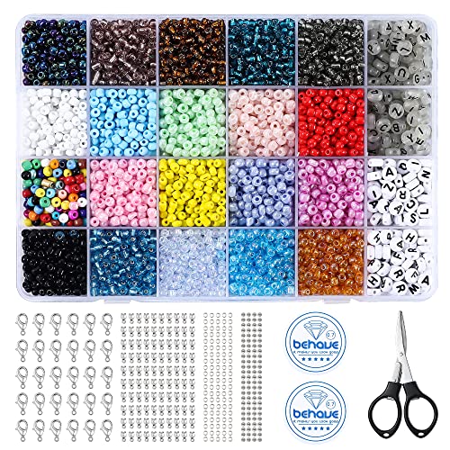 Behave Glas Perlen Set in 20 Farben (6000 Stk./4mm) mit Buchstabenperlen - DIY Glasperlen Armbänder & Ketten selber machen - 312 Buchstaben Perlen zum Auffädeln - Hochwertiges Beads Perlenset von Behave
