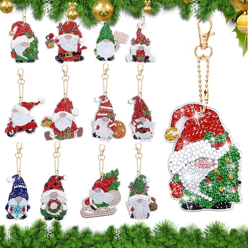 behone Weihnachtsmann Diamond Painting,12Stk 5D Diamond Painting Weihnachten Anhänger,Schlüsselanhänger Doppelseitige Weihnachten Wichtel Diamant Malerei,DIY Kit Weihnachtsbaum Deko,Heimdekoration von behone