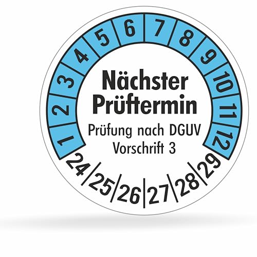 Fluxxx 112 Stk Prüfplaketten "Nächster Prüftermin", 20 mm Ø, Prüfetiketten nach DGUV V3, 2024-2029, selbstklebend, Prüfaufkleber, E-Check Prüfetikett, Plakette für Elektrogeräte (Blau, 1 Bogen) von beihaasnatuerlich