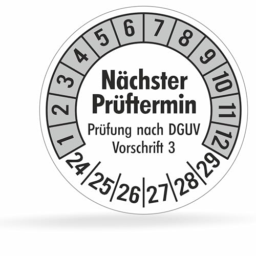 Fluxxx 112 Stk Prüfplaketten "Nächster Prüftermin", 20 mm Ø, Prüfetiketten nach DGUV V3, 2024-2029, selbstklebend, Prüfaufkleber, E-Check Prüfetikett, Plakette für Elektrogeräte (Grau, 1 Bogen) von beihaasnatuerlich