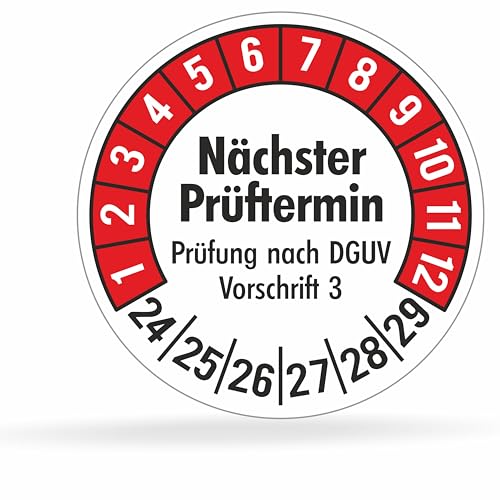 Fluxxx 112 Stk Prüfplaketten "Nächster Prüftermin", 20 mm Ø, Prüfetiketten nach DGUV V3, 2024-2029, selbstklebend, Prüfaufkleber, E-Check Prüfetikett, Plakette für Elektrogeräte (Rot, 1 Bogen) von beihaasnatuerlich