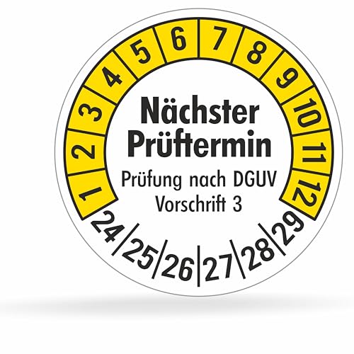 Fluxxx 560 Stk Prüfplaketten "Nächster Prüftermin", 20 mm Ø, Prüfetiketten nach DGUV V3, 2024-2029, selbstklebend, Prüfaufkleber, E-Check Prüfetikett, Plakette für Elektrogeräte (Gelb, 5 Bogen) von beihaasnatuerlich