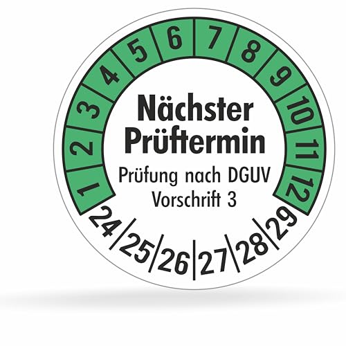 Fluxxx 560 Stk Prüfplaketten "Nächster Prüftermin", 20 mm Ø, Prüfetiketten nach DGUV V3, 2024-2029, selbstklebend, Prüfaufkleber, E-Check Prüfetikett, Plakette für Elektrogeräte (Grün, 5 Bogen) von beihaasnatuerlich