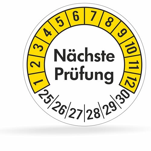 beihaasnatuerlich® 100 Prüfplaketten 30mmØ "Nächste Prüfung" 2025-2030, selbstklebend, Prüfaufkleber, E-Check Prüfetikett, Plakette, TÜV-Plakette (30 mm Ø, Gelb 100) von beihaasnatuerlich