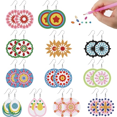 beinkmake 12 x Diamantgemalte Ohrringe, Mosaik-Kunst-Ohrringe, Bastelset, 5D-Boho-Vintage-Blumen-Hängeohrringe mit Werkzeug für Bastelschmuck von beinkmake