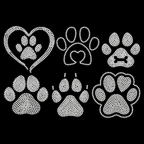 beinkmake Set von 6 Paw Print Strass auf Hotfix Transfer Bling Hundepfoten Bügeln auf Wärmeübertragung Tier Herz Kristall selbstklebende Aufkleber für Kleidung Taschen Hüte Dekoration DIY von beinkmake