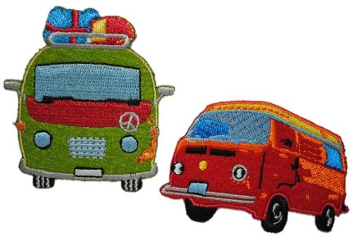 2 tlg. Set Bus 6,8 cm * 4,7 cm Bügelbild Aufnäher Applikation rot bunt retro von belldessa