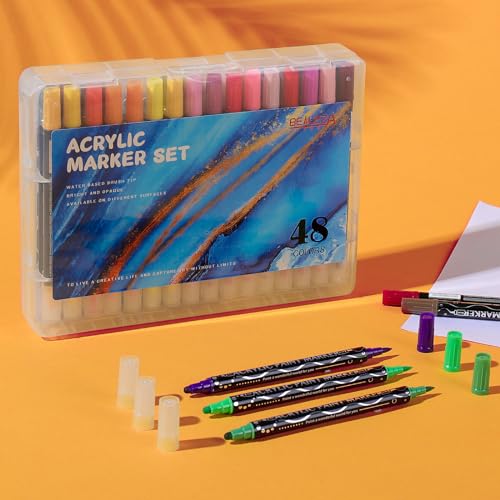 Belleza Suprema Acrylfarben-Marker, 48 Farben, Doppelspitze, Punkt und Pinselspitze, Premium-Acrylstifte für Holz, Leinwand, Stein, Steinmalerei, Glas, Keramikoberflächen, Bastelarbeiten, Kunst von belleza suprema