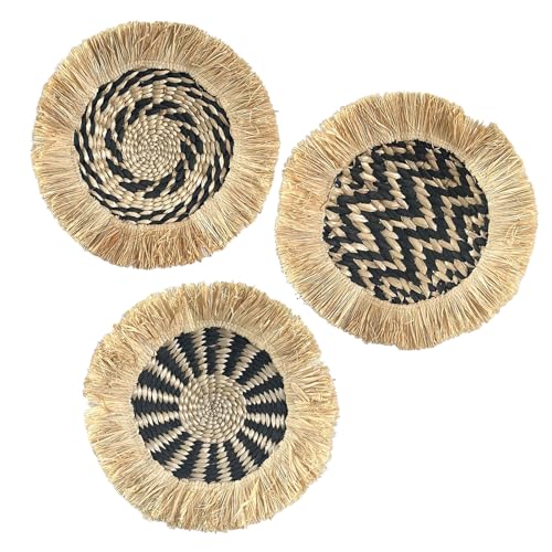 belupai Boho-Wandkorb-Dekor, 3er-Set, aus Stroh Gewebte Flache Körbe, Wandbehang, Dekor, Runde Boho-Quaste, Makramee-Anhänger, Seegras-Körbe für Wohnzimmer oder Schlafzimmer(Schwarz Grün) von belupai