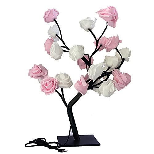 belupai LED-Rosenbaum-Lampe, künstlicher Bonsai-Baum, Nachtlicht, Lichterkette mit 24 LED-Lichtern, USB-betrieben, für Zuhause, Hochzeit, Weihnachtsdekoration, Weiß / Rosa von belupai