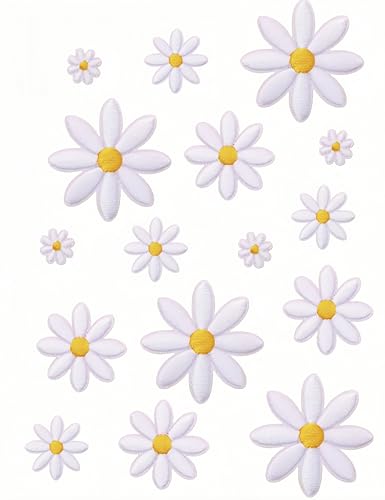 Bepisof 16 Stück weiße Gänseblümchen, niedliche Aufnäher zum Aufbügeln, Gänseblümchen, bestickte Applikation, Blumenapplikation für Kleidung, Jeans, Hüte und Heimwerker, 4 Größen von bepisof